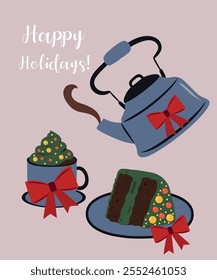 Flat Design Happy Holiday Illustration with Kettle and Cup, Slice Cake at Chocolate,Mint Taste