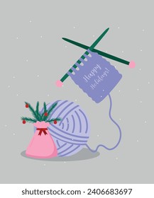  Flat Design Happy Holidays Illustration Ball Wool and Knitting Needles,Bag,Branch