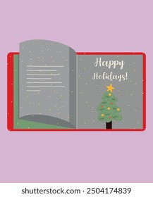  Flat Design Happy Holidays Illustration with Open Book at Christmas Tree