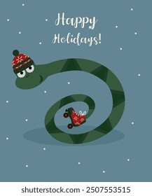 Flat Design Happy Holidays Illustration with Snake wearing a Hat, Roller Skates