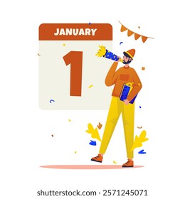 Flat design of a happy man celebrating new year party, First day of January, Vector illustration