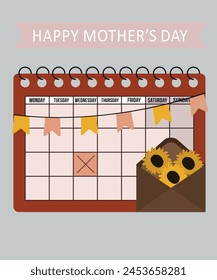 Flat Design Happy Mother's Day illustration with Calendar at Sunflowers Envelope