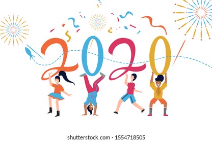 Flat design happy New Year 2020 vector concept. festive firecrackers in the new year 2020. young people build numbers 2020.people cheer for the new year 2020 happily,Cartoon Flat Vector Illustration.
