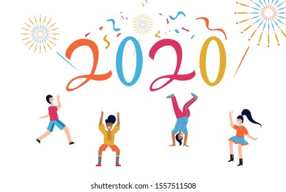 Flat design happy New Year 2020 vector concept. festive firecrackers in the new year 2020. young people build numbers 2020.people cheer for the new year 2020 happily,Cartoon Flat Vector Illustration.