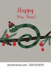 Flat Design Happy New Year Illustration with Snake and Branch, Decoration