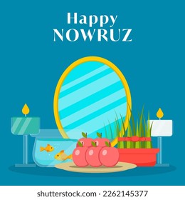 flat design happy nowruz illustration with apple, candles, grass, mirror, and aquarium