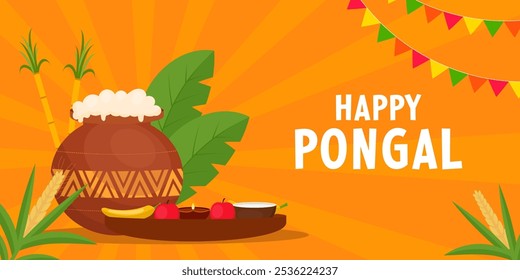 flat design happy pongal festival illustration horizontal banner