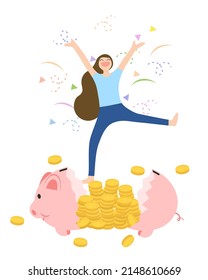 Flat design of happy rich girl vector, flat design of broken piggy bank vector, flat design of coin on the floor vector, rich woman on white background, flat design of rich girl on white background.