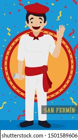 Flat design with a happy Spaniard man wearing traditional attire: white clothes, kerchief, sash, beret and holding a newspaper under a confetti shower for the Spanish San Fermin Festival celebration.