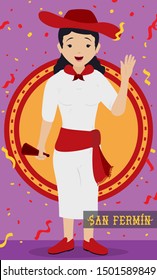 Flat design with happy Spaniard woman wearing traditional attire: white clothes, red sash, kerchief and hat, holding a hand fan under a confetti shower for the Spanish San Fermin Festival celebration.