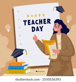 Flat design of happy teacher day vector illustration on greeting post template