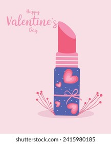 Flat Design Happy Valentine's Day Illustration with Lipstick and Ribbon