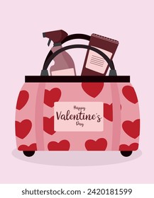 Flaches Design Happy Valentinstag Illustration mit Vintage Bag, Cream, Spray	