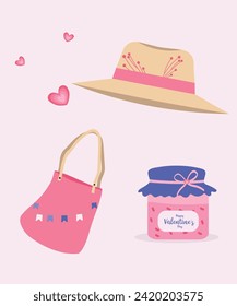 Diseño plano Feliz Día de San Valentín Ilustración con sombrero, bolsa de compras, mermelada