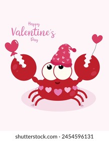  Ilustración del día de San Valentín feliz del diseño plano con el cangrejo y el sombrero, globos del corazón, amor de la decoración