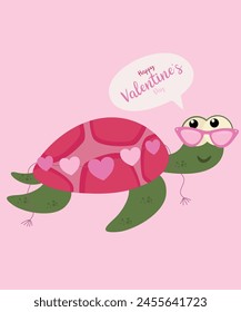 Flat Design Happy Valentine's Day Illustration with Turtle at Sunglasses