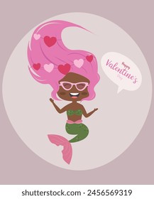 Flat Design Happy Valentine's Day with Mermaid at Sunglasses,Decorations Love