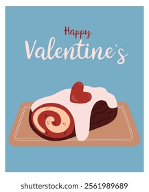  Flat Design Happy Valentine's Day Illustration with Roll Cake at Vanilla Cream on a plate