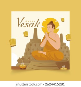 Flat design of happy Vesak Day greetings with Buddhist monk character in meditation vector illustration