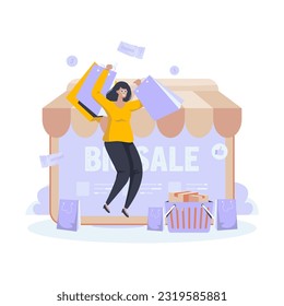 Flat design happy woman shopping big sale concept