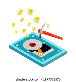 Flat design for a hard disk dug with a Mattock on isolate white background. Concept digging crypto currency with hard disk.