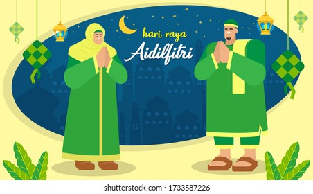Flat design hari raya aidalfitri  people greeting.