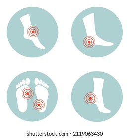 Flat design of a health care concept, Pain and injuries in body parts. woman is feeling pain in foot, ankle and toes.