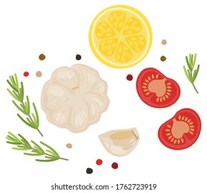 diseño plano comida saludable e ingrediente dietético fresco concepto decoración de la decoración de la planta vista de la parte superior aislada en el fondo blanco. Hierba y especias, tomate, limón, ajo, pimienta 