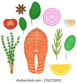 flat design healthy eating and fresh diet ingredient concept illustration decoration flat lay top view isolated on white background. Salmon fillet with herb pepper,lemon,rosemary, thyme, garlic. 