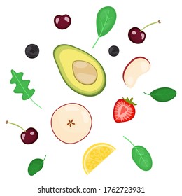 flat design healthy eating and fresh diet ingredient concept illustration decoration flat lay top view isolated on white background. strawberry,tomato, cherry, avocado, apple,blueberry,lemon.