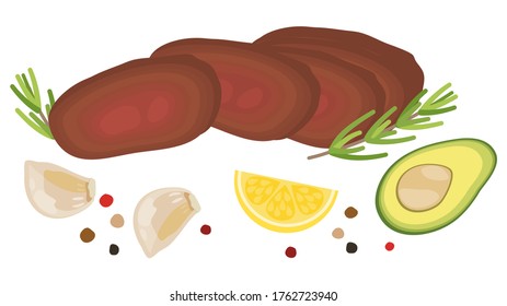 flat design healthy eating and fresh diet ingredient concept illustration decoration flat lay top view isolated on white background. Medium rare stesk with garlic lemon and avocado with pepper.