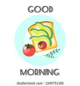 Flat design. Healthy food. Healthy breakfast. Sandwich with avocado, cherry tomatoes and chicken egg. Good morning.