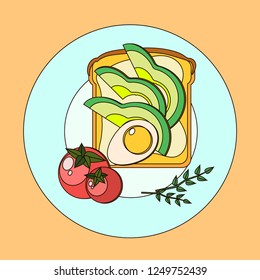 Flat design. Healthy food. Healthy breakfast. Sandwich with avocado, cherry tomatoes and chicken egg.