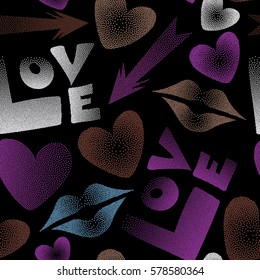 Flat design of hearts, cupid's arrow, lipstick kisses and love word. Seamless pattern of icon love symbols on a black. Vector design in brown and purple colors.