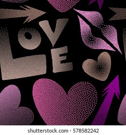 Flat design of hearts, cupid's arrow, lipstick kisses and love word. Seamless pattern of icon love symbols on a black. Vector design in pink and magenta colors.