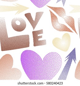 Flat design of hearts, cupid's arrow, lipstick kisses and love word. Seamless pattern of icon love symbols on a white. Vector design in orange, brown and violet colors.