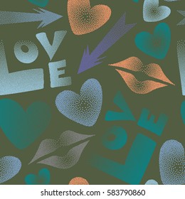Flat design of hearts, cupid's arrow, lipstick kisses and love word. Seamless pattern of icon love symbols. Vector romantic design in orange, blue and violet colors.