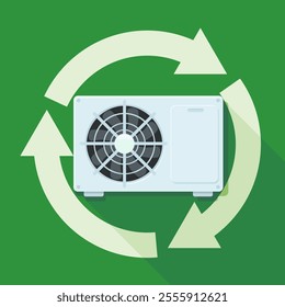 Flat design heat pump and air conditioner on green background with 3 white circular recycling arrows