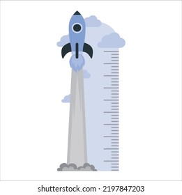 Flat design height meters. The rocket is a stadiometer. Scale for measuring the height of the child in centimeters and feet. Vector illustration.