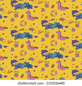 flat design hello summer elements pattern hand drawn with cartoon style