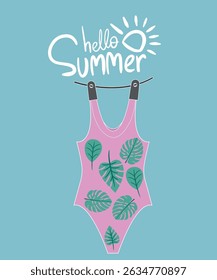 Flat Design Hello Summer Illustration with Swim Suit at Tropical Leaves Pattern and Sunglasses