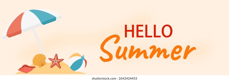 Flat Design Hello Summer Illustration with Beach Umbrella, Sand, Palm Leaves, Ball, and Flip Flops. Perfect for Summer Holiday Theme, Travel Ads, Seasonal Greeting, or Vacation Concept