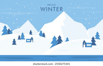 Flat Design Hello Winter Concept Illustration. Winter Landscape Background with Snows Falling and Pine Trees 