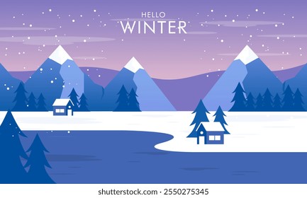 Flat Design Hello Winter Concept Illustration. Winter Landscape Background with Snows Falling and Pine Trees 