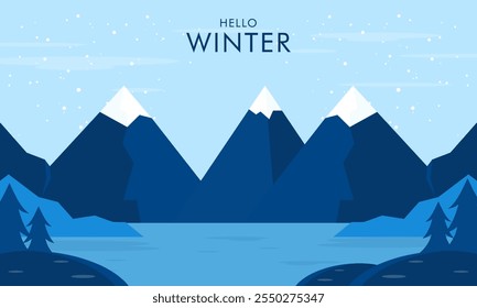 Flat Design Hello Winter Concept Illustration. Winter Landscape Background with Snows Falling and Pine Trees 