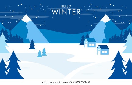 Flat Design Hello Winter Concept Illustration. Winter Landscape Background with Snows Falling and Pine Trees 