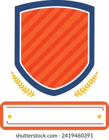 Flat design heraldic shield badge with laurels. Orange striped shield with blue trim, golden laurel wreath.