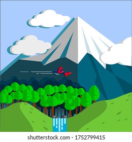 flat design of high snowy mountain with dense jungle 