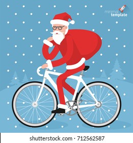 Flat design hipster Santa riding bicycle. Vector Christmas greeting card template.