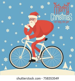Flat design hipster Santa riding bicycle. Vector Christmas greeting card template.